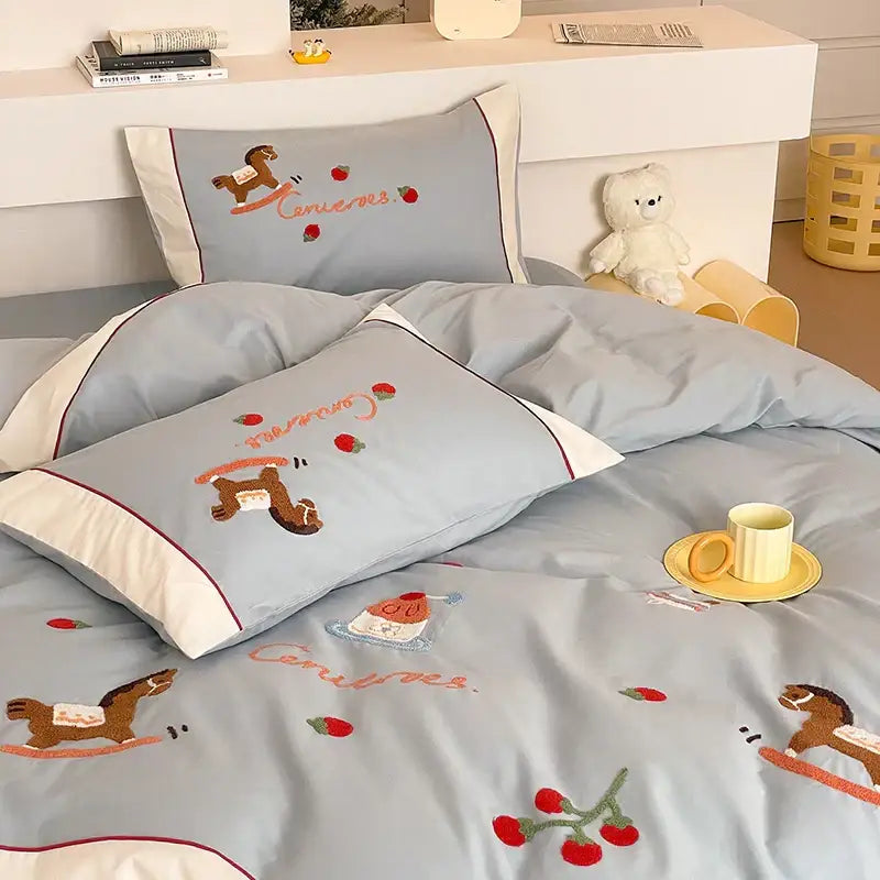 Light blue rocking horse lucky trojan cotton bedding set bedroom