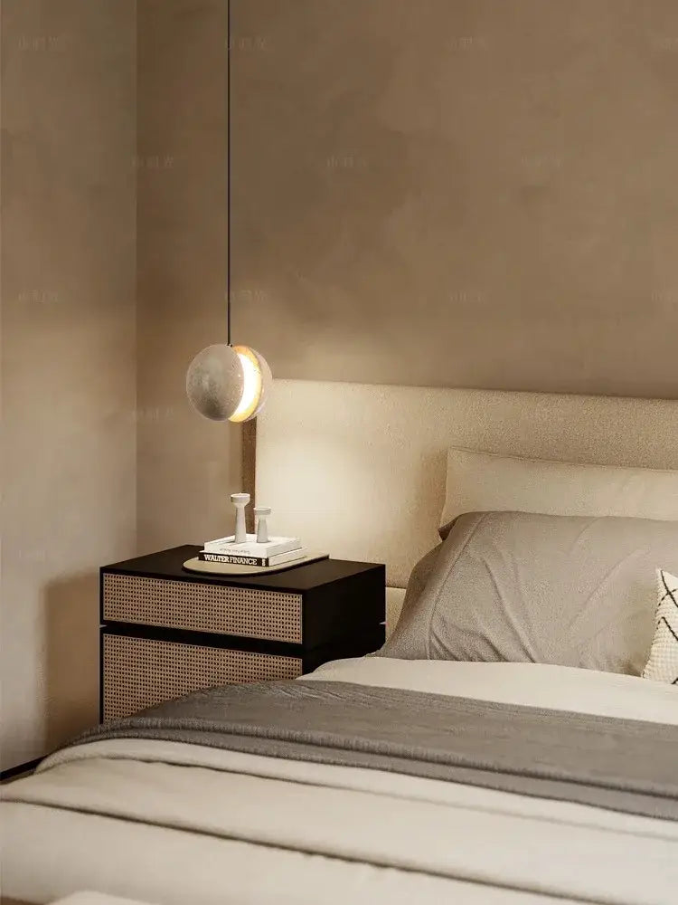 Minimalist concrete lunar stone pendant – bedroom led sphere light