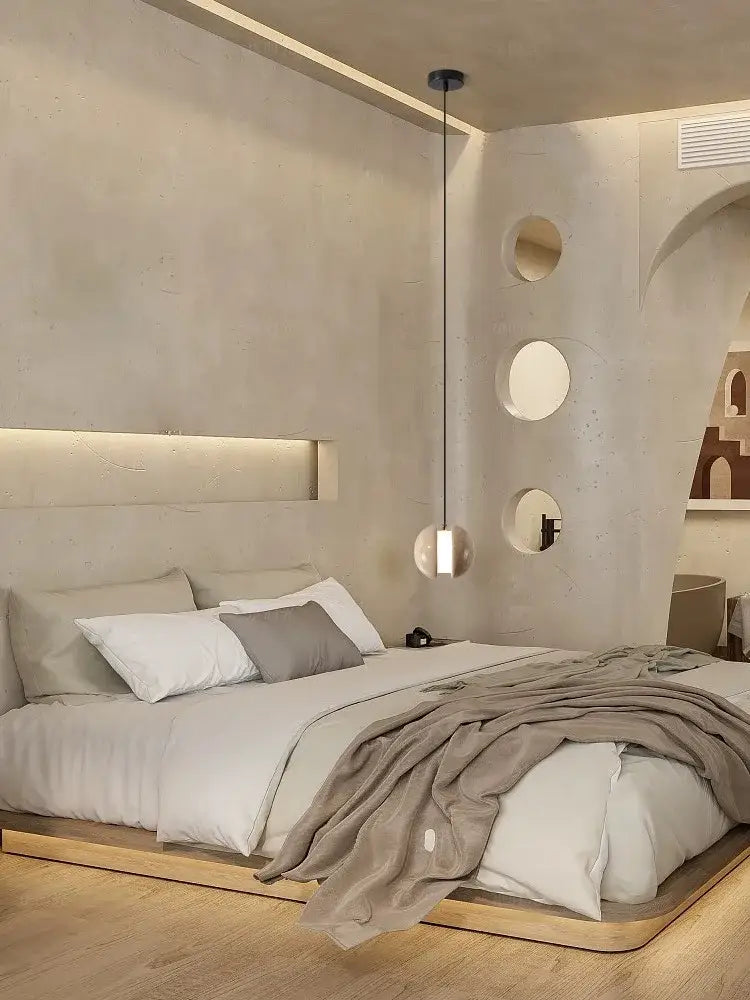 Minimalist concrete lunar stone pendant – bedroom led sphere light