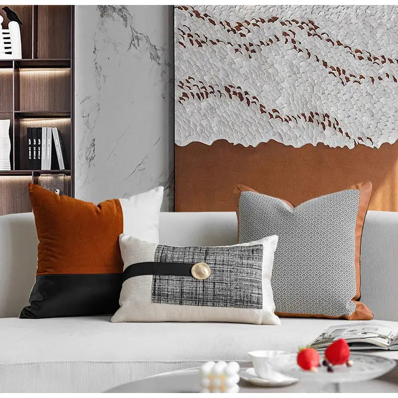 Cream luxe flannelette leather patchwork cushion cover living room