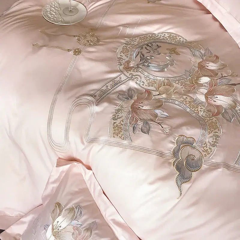 Luxe pink satin floral bird embroidery bedding set bedroom luxury