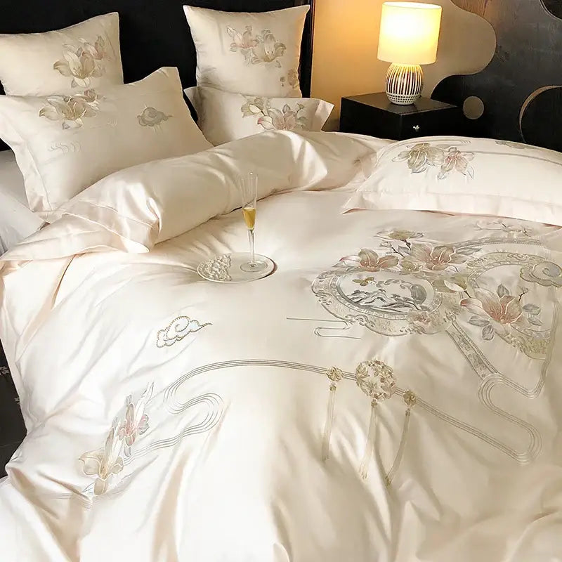 Luxe pink satin floral bird embroidery bedding set bedroom luxury