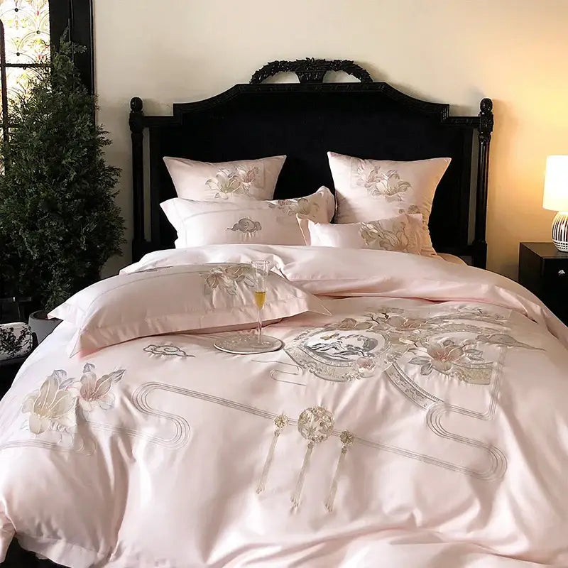 Luxe pink satin floral bird embroidery bedding set bedroom luxury