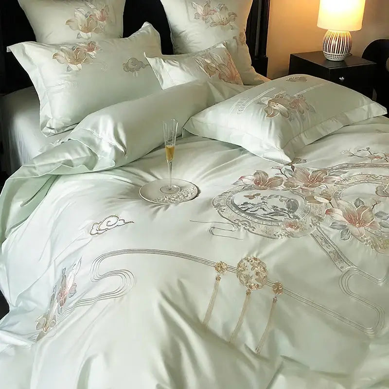 Luxe pink satin floral bird embroidery bedding set bedroom luxury