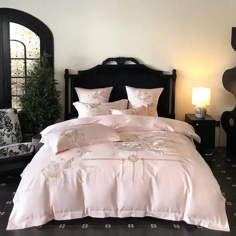 Luxe pink satin floral bird embroidery bedding set bedroom luxury