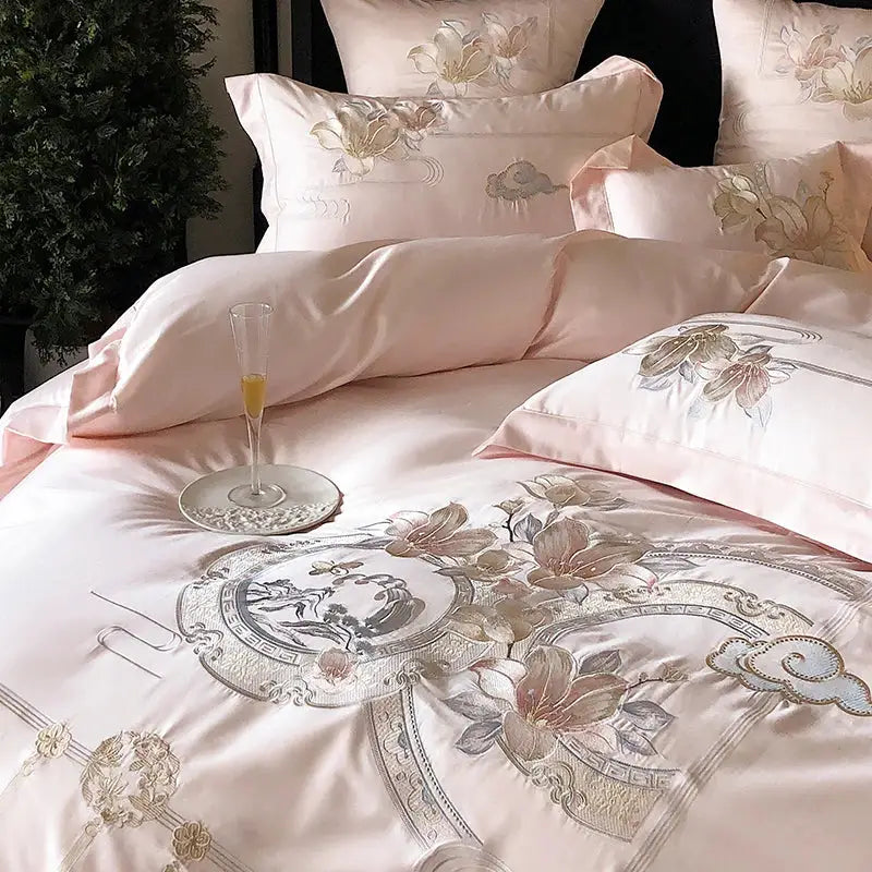 Luxe pink satin floral bird embroidery bedding set bedroom luxury