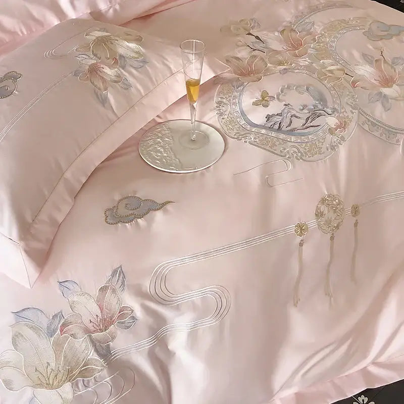 Luxe pink satin floral bird embroidery bedding set bedroom luxury