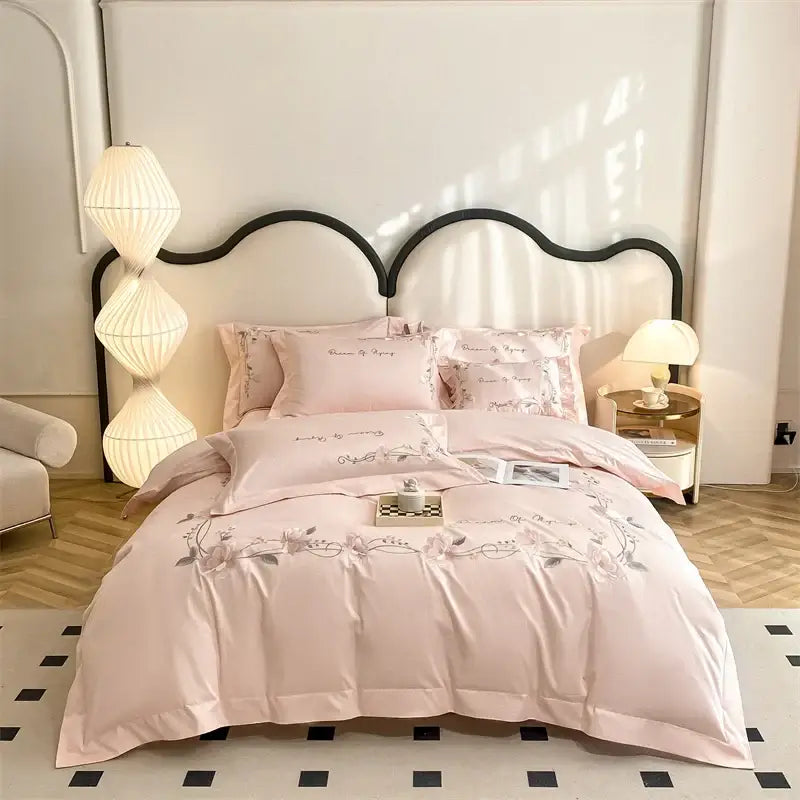 Luxe cream and pink floral embroidery bedding set bedroom decor