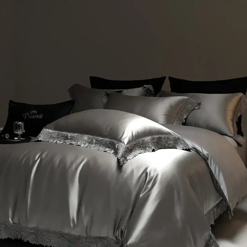 Luxe french lace cream satin bedding set bedroom duvet cover