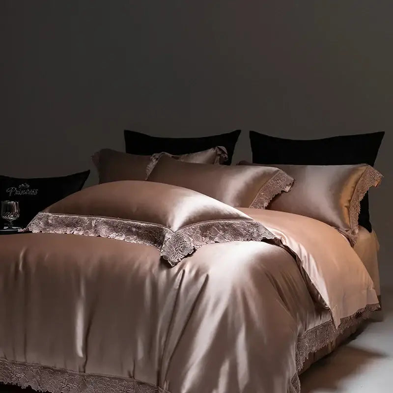 Luxe french lace cream satin bedding set bedroom duvet cover