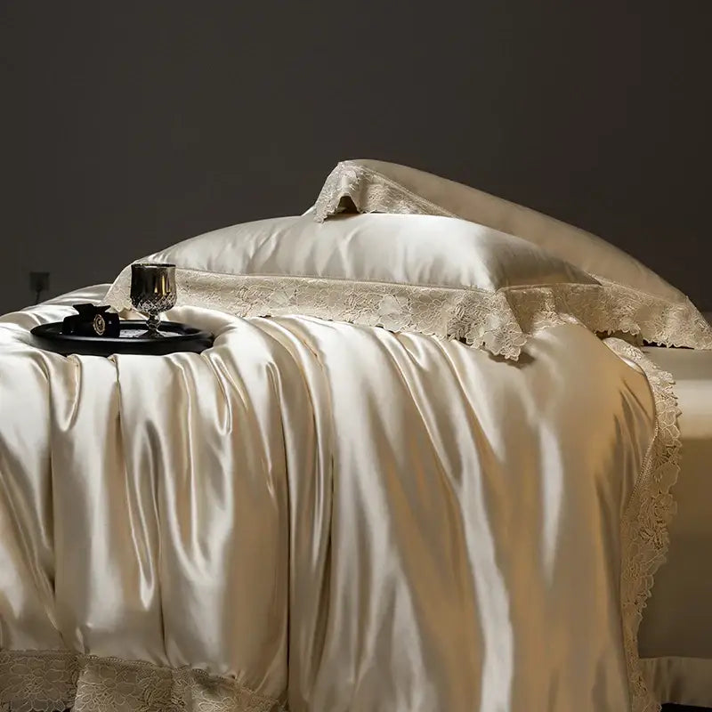 Luxe french lace cream satin bedding set bedroom duvet cover