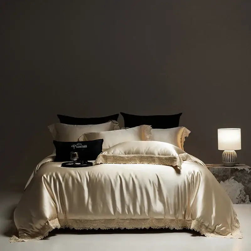 Luxe french lace cream satin bedding set bedroom duvet cover