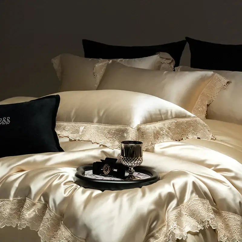 Luxe french lace cream satin bedding set bedroom duvet cover