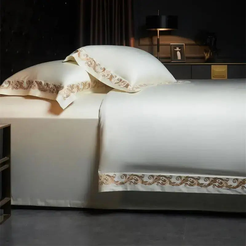 Luxe gold embroidery cream satin bedding set bedroom 1400tc egyptian cotton