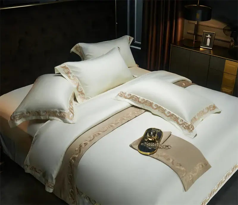 Luxe gold embroidery cream satin bedding set bedroom 1400tc egyptian cotton