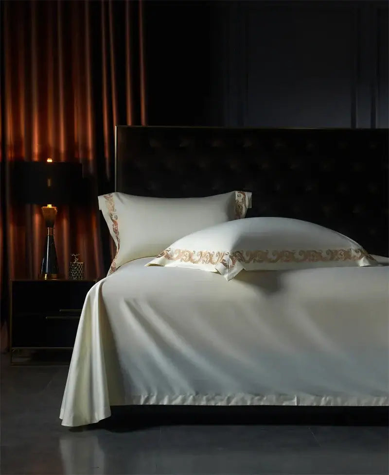 Luxe gold embroidery cream satin bedding set bedroom 1400tc egyptian cotton