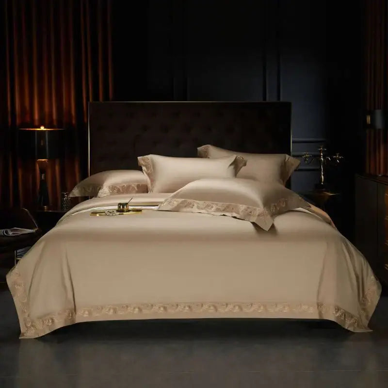 Luxe gold embroidery cream satin bedding set bedroom 1400tc egyptian cotton