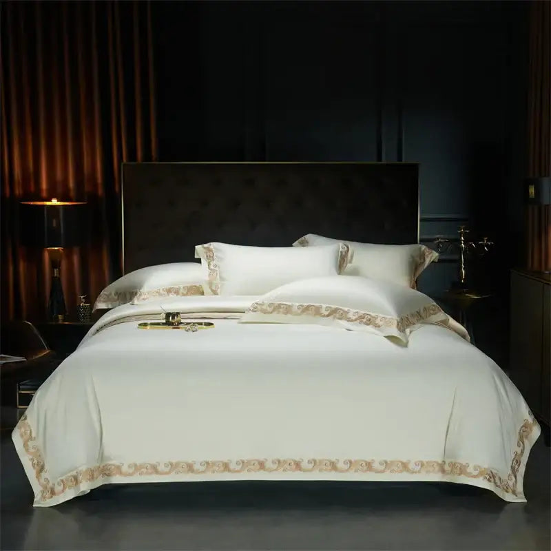 Luxe gold embroidery cream satin bedding set bedroom 1400tc egyptian cotton