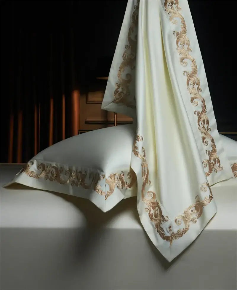 Luxe gold embroidery cream satin bedding set bedroom 1400tc egyptian cotton