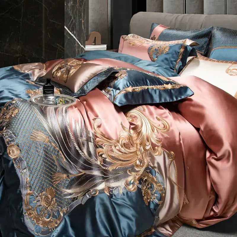 Baroque teal & rose gold luxe gold embroidery bedding set bedroom