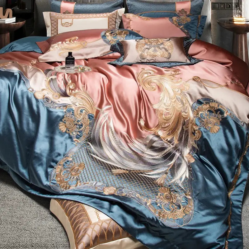 Baroque teal & rose gold luxe gold embroidery bedding set bedroom