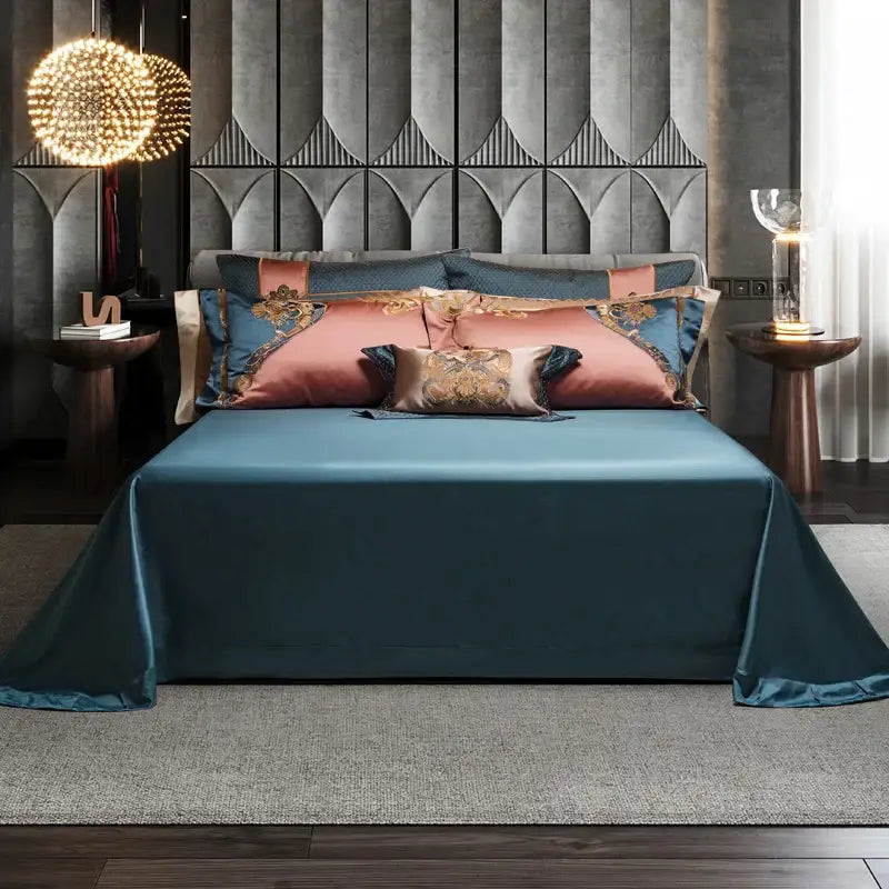 Baroque teal & rose gold luxe gold embroidery bedding set bedroom