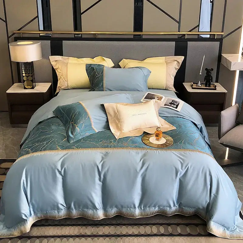 Luxe teal & gold satin jacquard 1000tc egyptian cotton bedding set bedroom