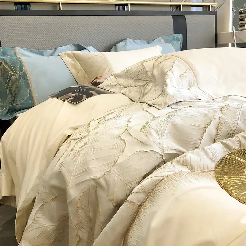 Luxe teal & gold satin jacquard 1000tc egyptian cotton bedding set bedroom