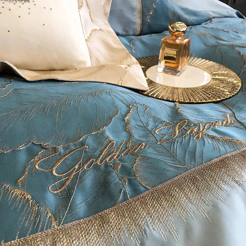 Luxe teal & gold satin jacquard 1000tc egyptian cotton bedding set bedroom