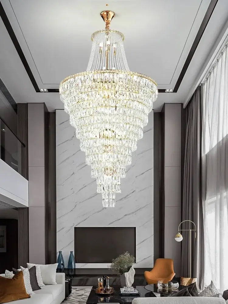 Luxe golden crystal chandelier for living room and staircase