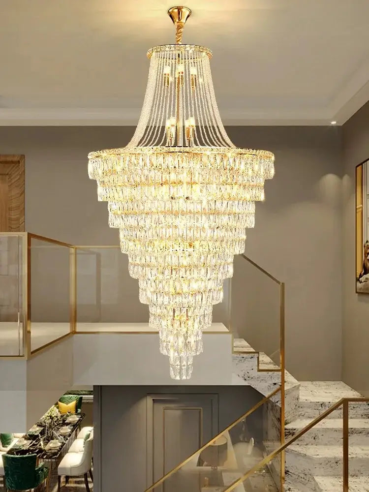 Luxe golden crystal chandelier for living room and staircase