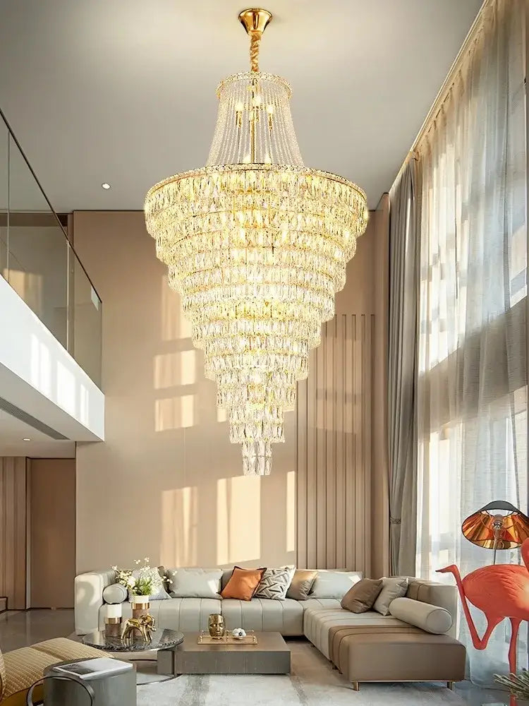 Luxe golden crystal chandelier for living room and staircase