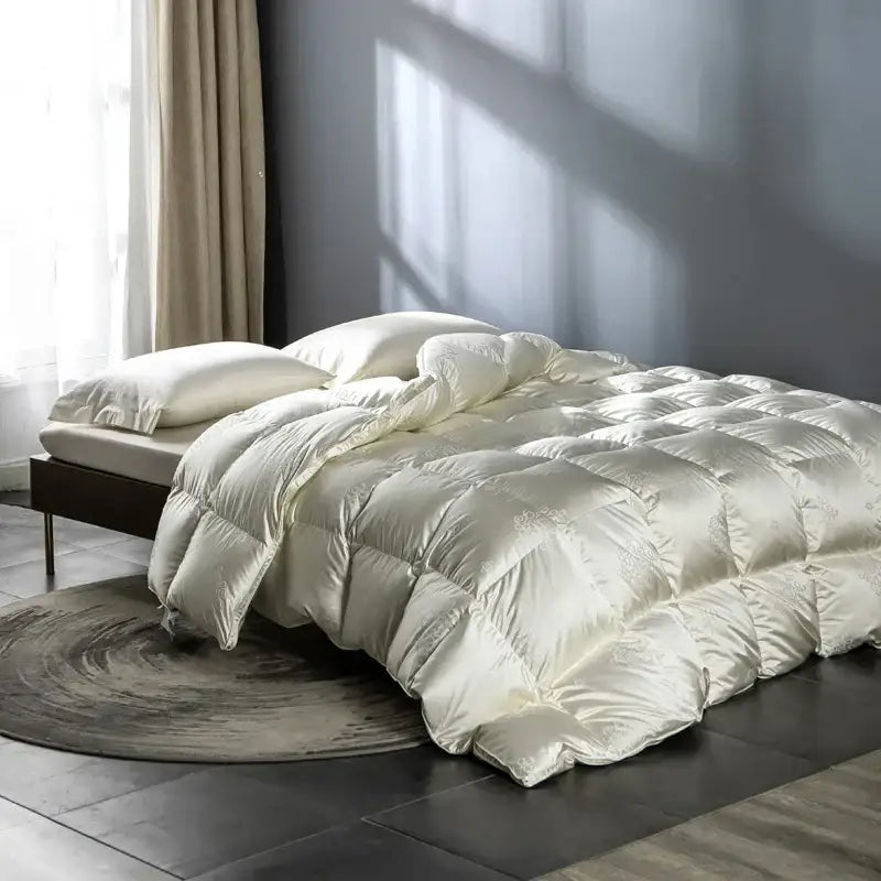 Luxe goose duck cream satin quilt bedroom embroidered bedding