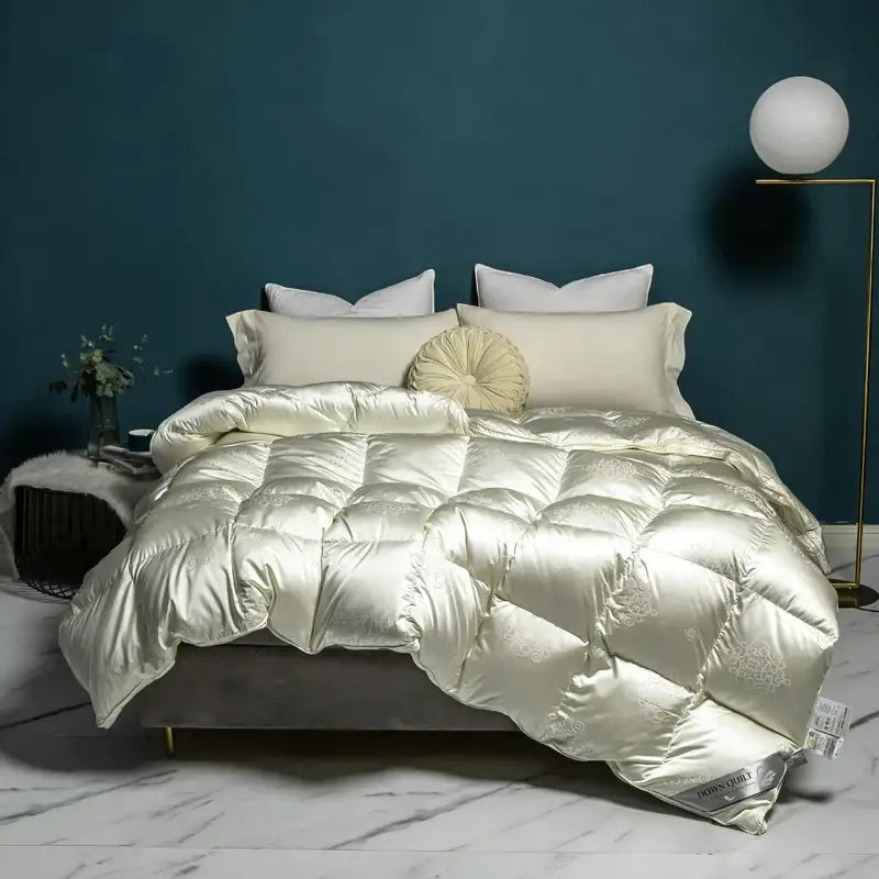 Luxe goose duck cream satin quilt bedroom embroidered bedding