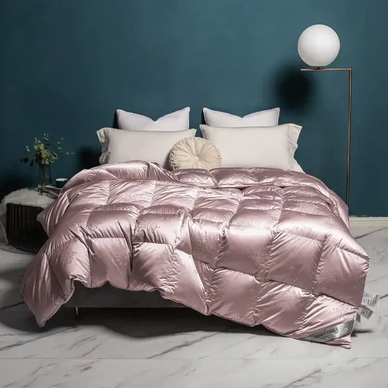 Luxe goose duck cream satin quilt bedroom embroidered bedding