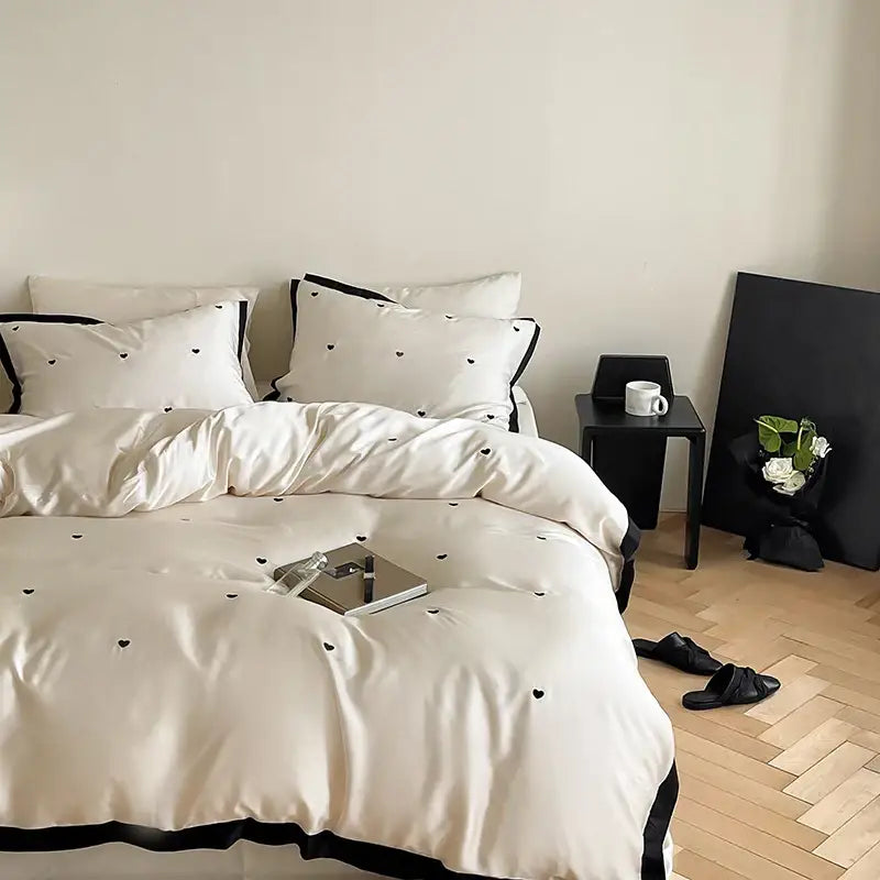 Luxe cream & black embroidered bedding set bedroom duvet cover