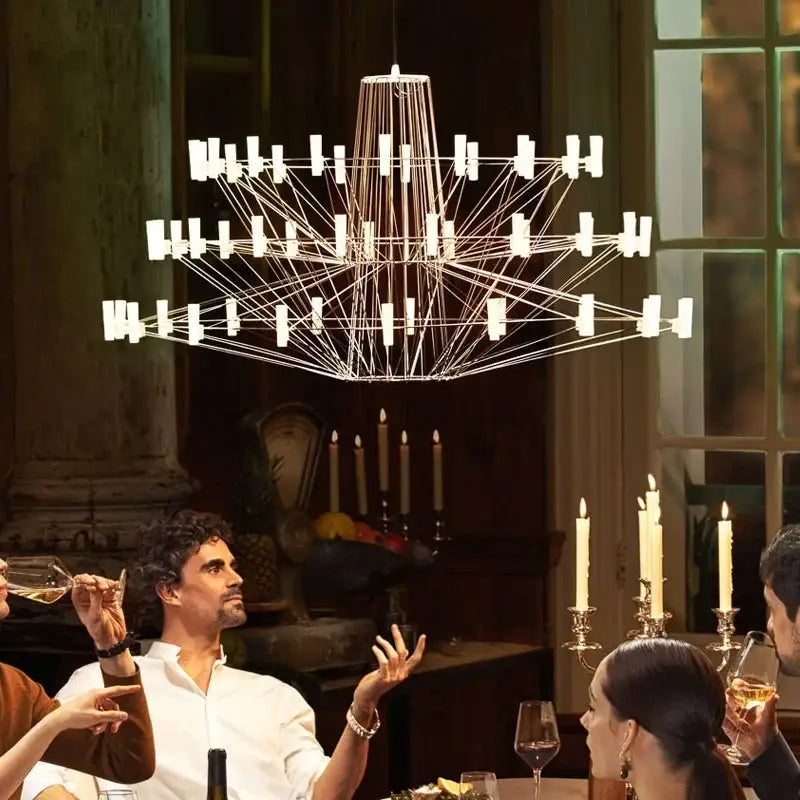 Modern luxe iron wire round led chandelier black and white dining room