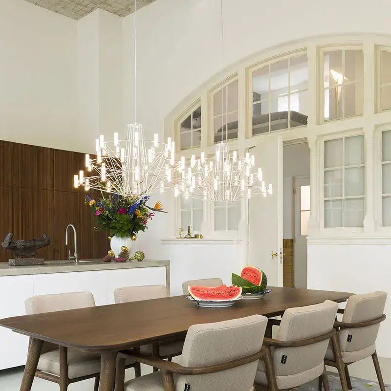 Modern luxe iron wire round led chandelier black and white dining room