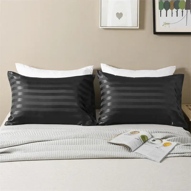 Luxe black satin jacquard pillow cover set bedroom stripe case