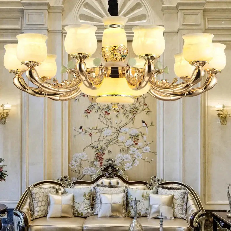 Luxe jade copper gold chandelier with frosted shades living room