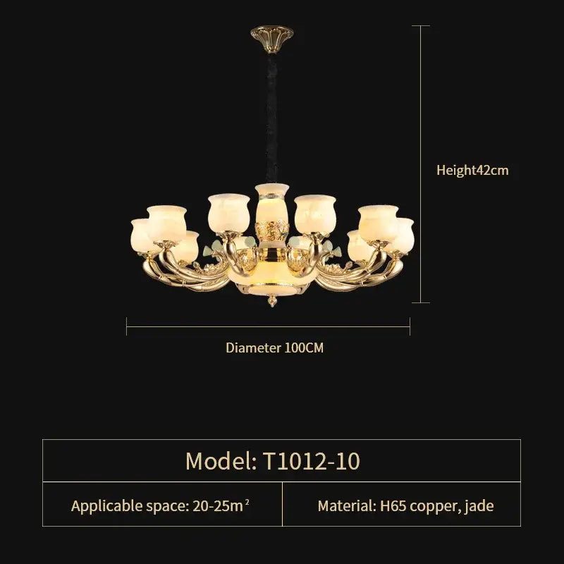 Luxe jade copper gold chandelier with frosted shades living room