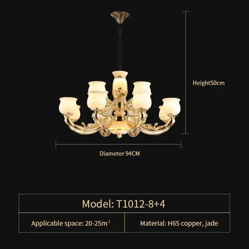 Luxe jade copper gold chandelier with frosted shades living room