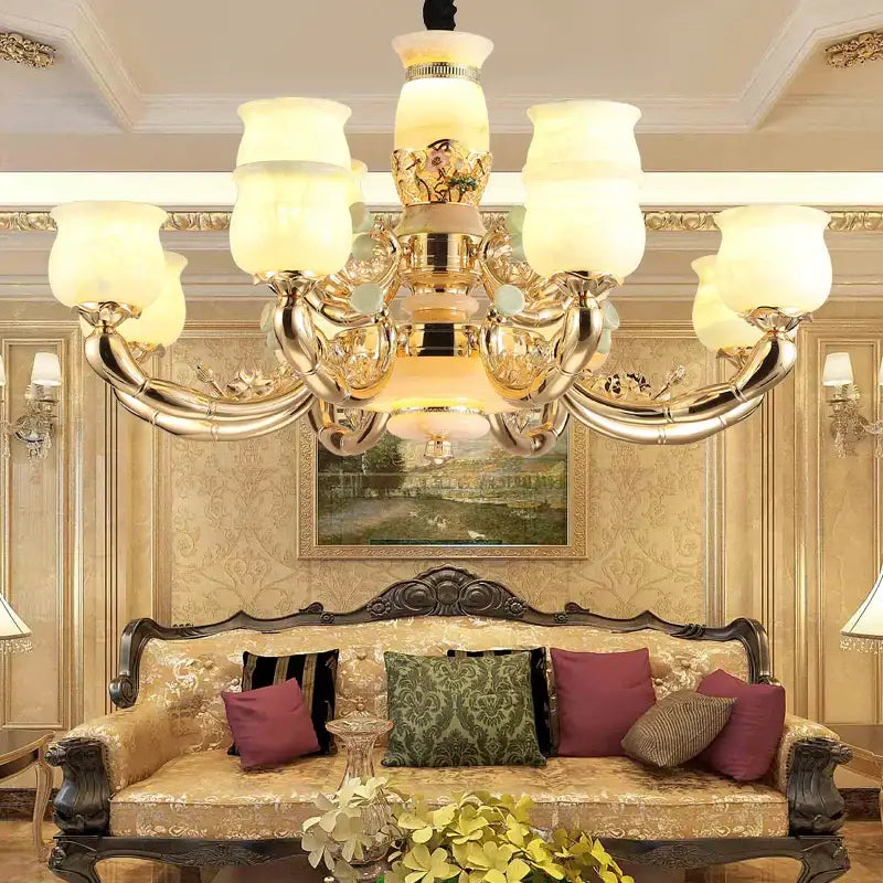 Luxe jade copper gold chandelier with frosted shades living room