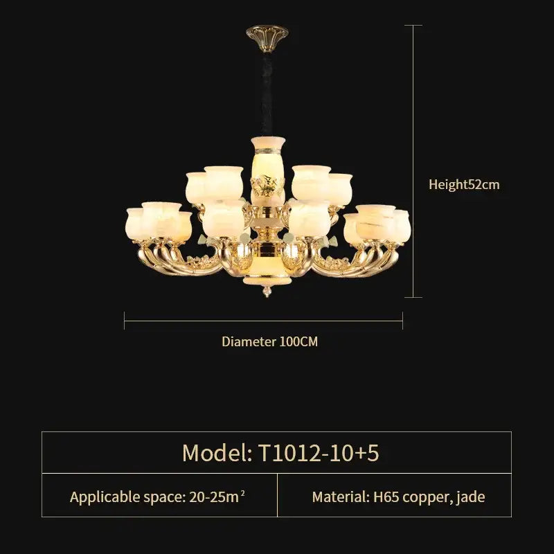 Luxe jade copper gold chandelier with frosted shades living room