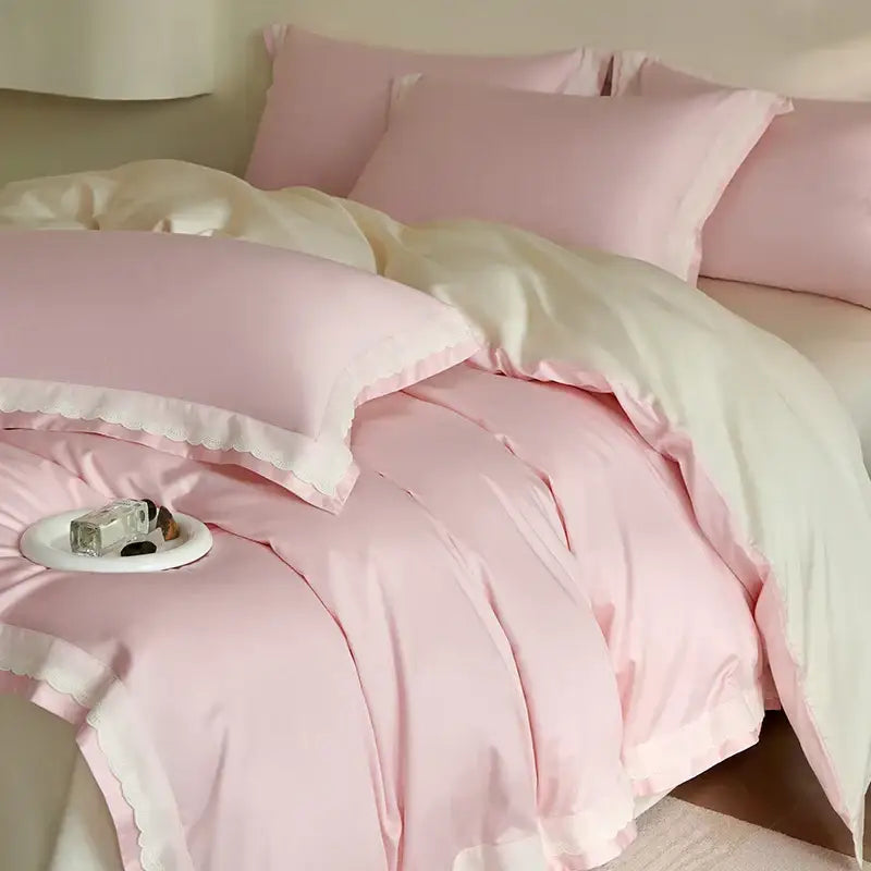 Luxe cream & pink lace bedding set bedroom egyptian cotton satin