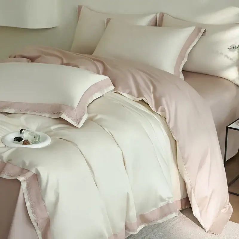 Luxe cream & pink lace bedding set bedroom egyptian cotton satin