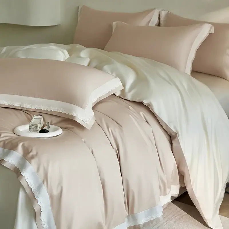 Luxe cream & pink lace bedding set bedroom egyptian cotton satin