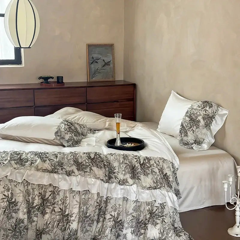 Luxe gray botanical lace ruffles wedding bedding set bedroom