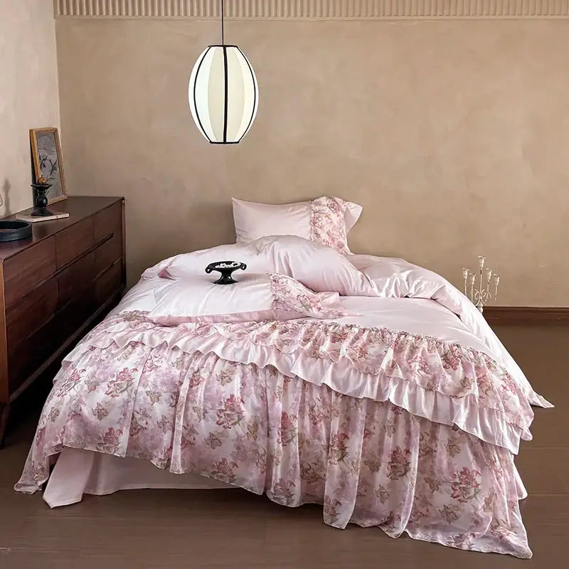 Luxe gray botanical lace ruffles wedding bedding set bedroom
