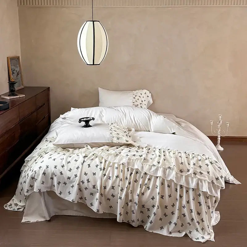 Luxe gray botanical lace ruffles wedding bedding set bedroom
